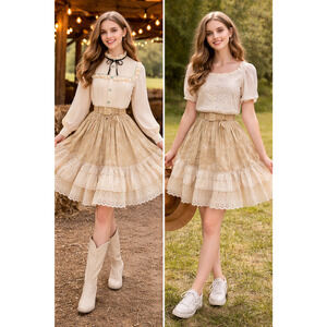 Vintage Prairie Cottage Core Lace Eyelet Ruffle Skirt Square Dance Western S-M